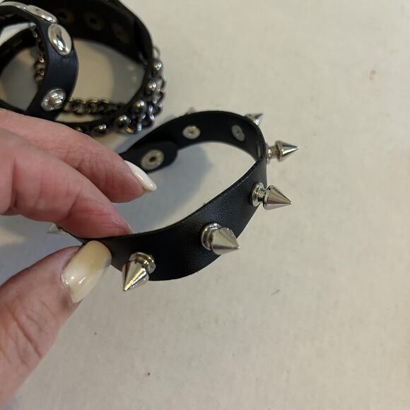 Punk Rock Studded Faux Leather Bracelet Set Spike Chain Wide Snap Cuff 3-Pack - Picture 5 of 9